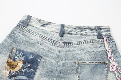 Washed Charm Patch Wide Leg Cropped Denim Jeans WN25564