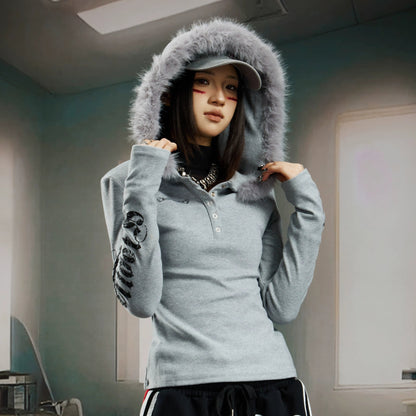Letter Print Fake Fur Pullover Hoodie WN21375