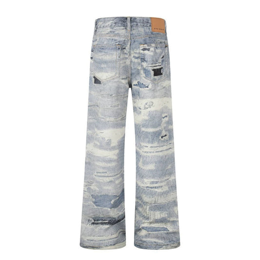 3D Print Damage Washed Wide Leg Denim Jeans WN27953
