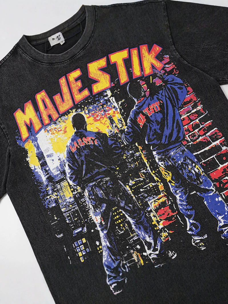 Washed Figure Letter Print Oversize Short Sleeve T-Shirt WN27950
