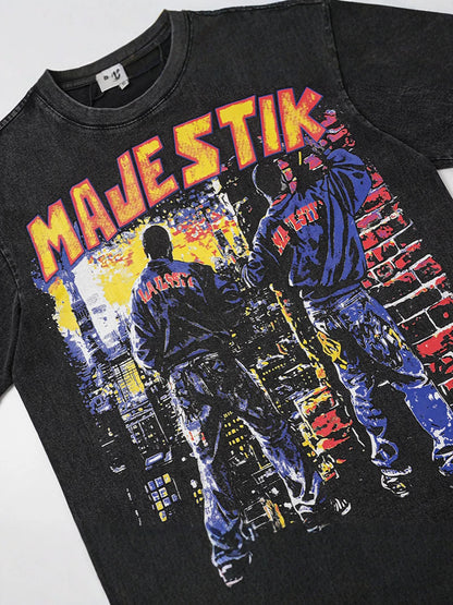 Washed Figure Letter Print Oversize Short Sleeve T-Shirt WN27950