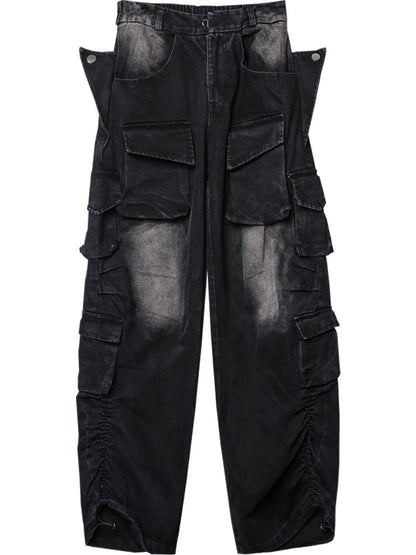 Damage Wash Multi-Pocket Wide Leg Denim Jeans WN22427