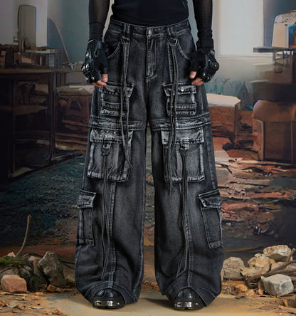 Studs Ribbon Washed Multi-Pocket Wide Leg Cargo Denim Jeans WN21348