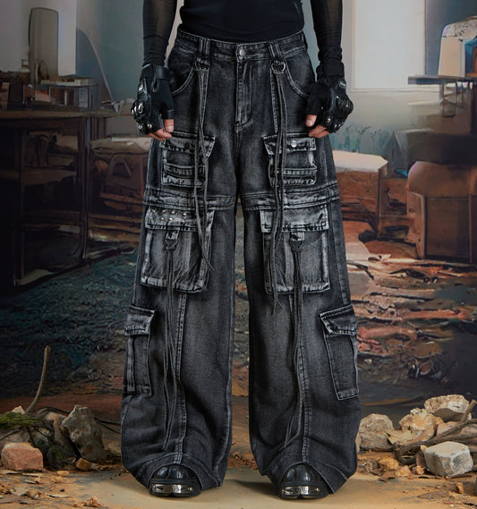 Studs Ribbon Washed Multi-Pocket Wide Leg Cargo Denim Jeans WN21348