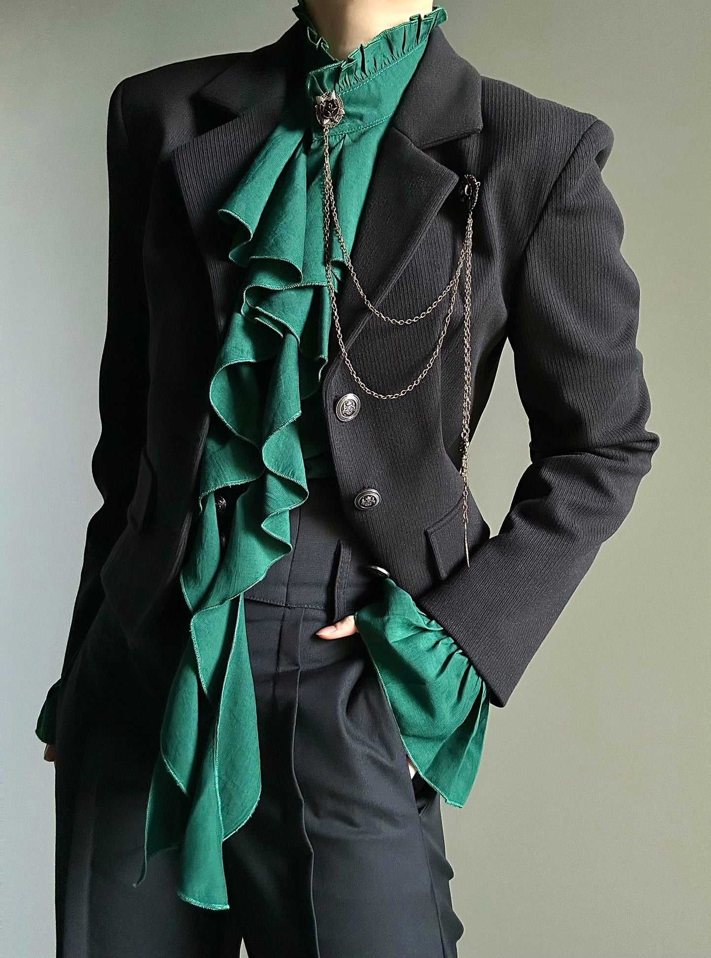 Standing-Collar Ruffle Drape Long Sleeve Shirt WN23140