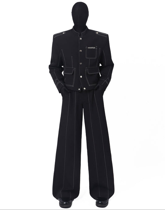 Exposed Seam Stand Neck Jacket & Wide Leg Pants Setup WN23670