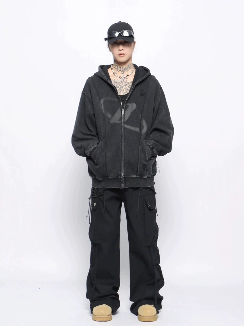 Washed Oversize Damage Zipper Hoodie WN10913