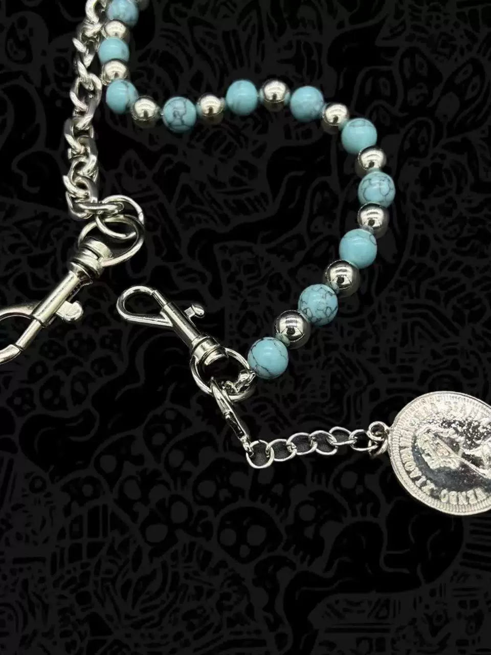 WN23191 Another Day x Blue Background Black Turquoise Hand-Beaded Jeans Chain Street Hanging Chain Detachable on One Side WN23191