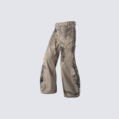 Washed Gradient Metal Stud Curved Wide Leg Denim Jeans WN27875