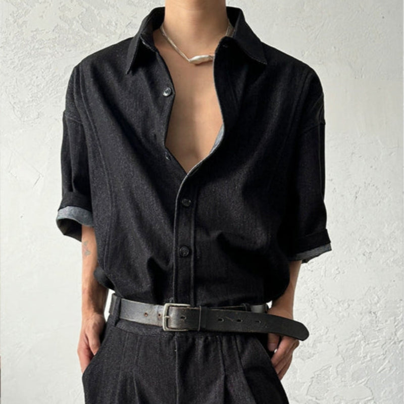 Washed Denim Short Sleeve Shirt & Wide Leg Denim Half Jeans Setup WN19956