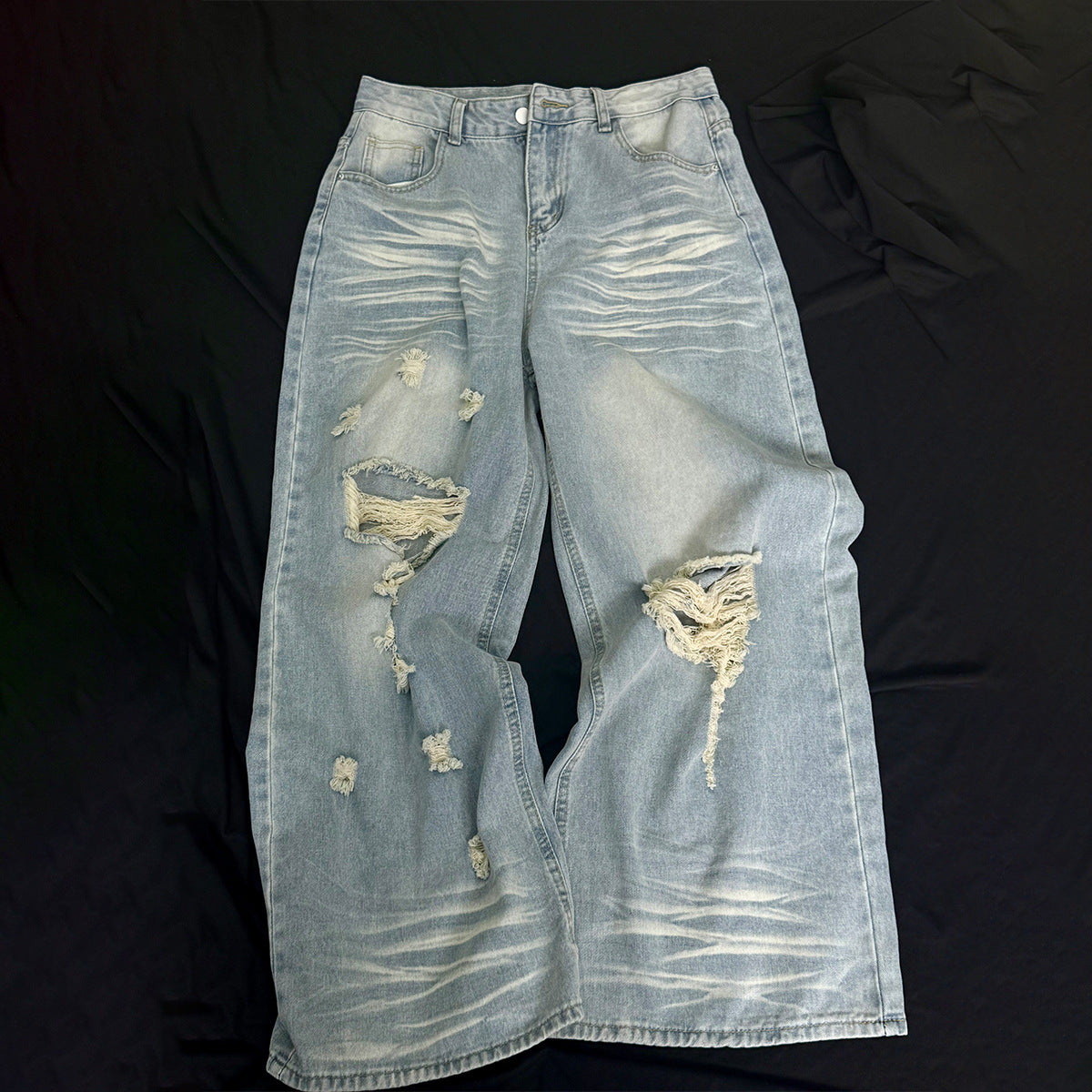 Washed Whisker Damage Wide Leg Denim Jeans WN25532