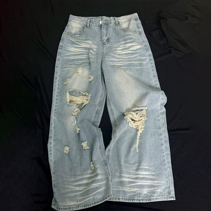 Washed Whisker Damage Wide Leg Denim Jeans WN25532