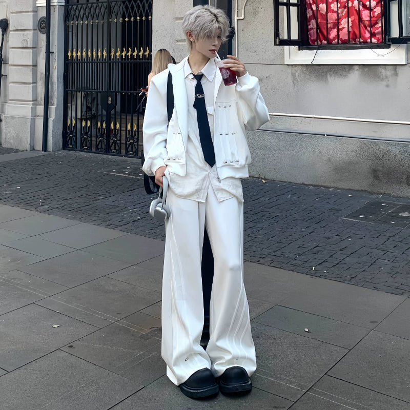 Shoulder-Pad Zipper Jacket & Minimalist Design Trousers Setup WN19830