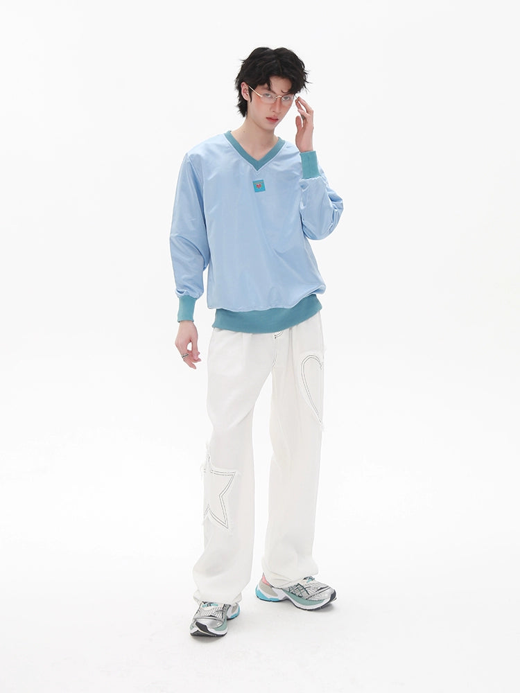 V-Neck Patch Embroidery Sweatshirt WN20198