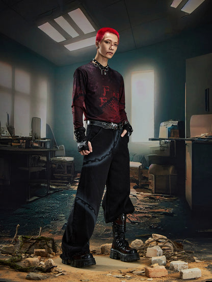 Spray Paint Graffiti Chain Washed Wide Leg Denim Jeans WN20574