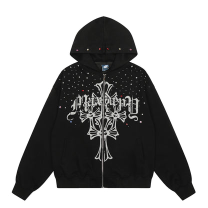 Rhinestone Cross Design Zipper Hoodie WN23057