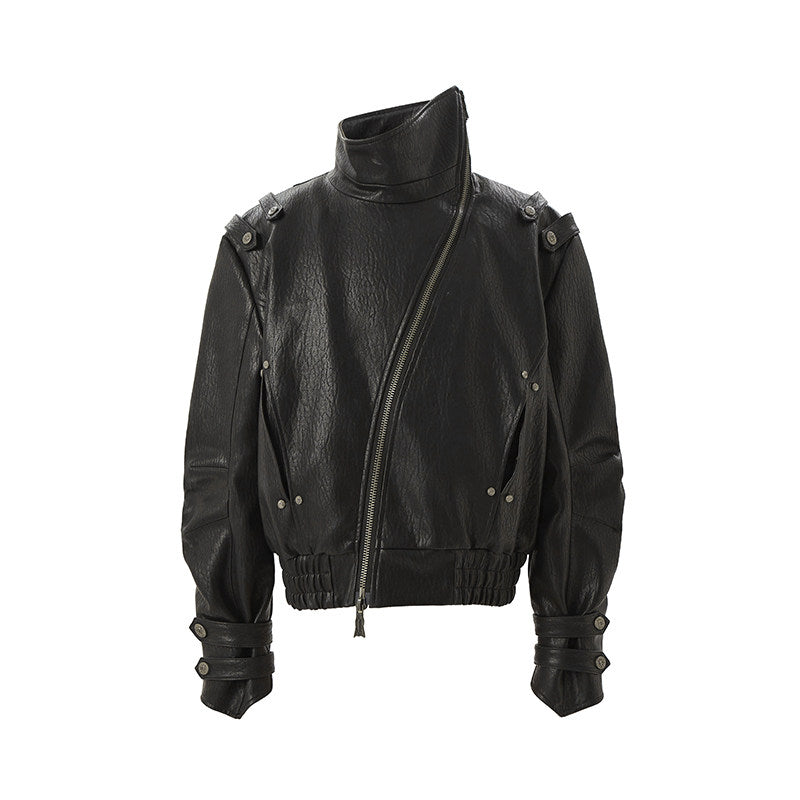 Stand Neck Studded Strap PU Leather Jacket WN27432