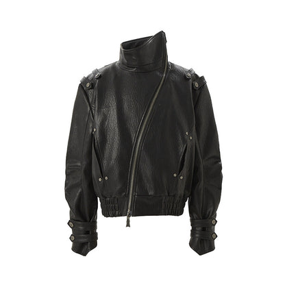 Stand Neck Studded Strap PU Leather Jacket WN27432
