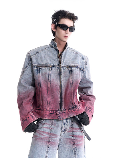 Wash Gradient Denim Jacket & Wide-leg Zipper Design Denim Jeans Setup WN8101