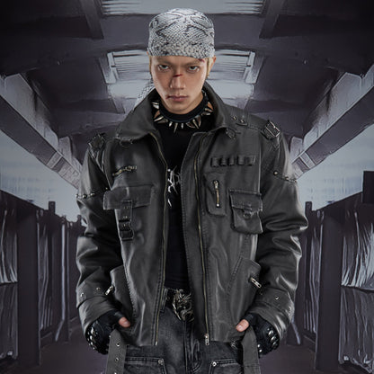 Heavy Deconstruct Patchwork Fitted Short PU Leather Jacket WN22910