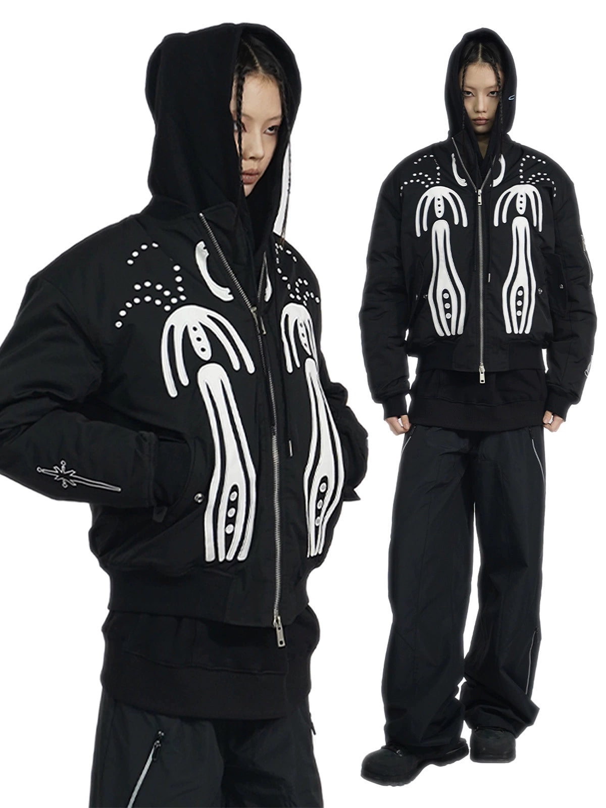 Double Zipper Graphic Design Padded Jacket WN18923