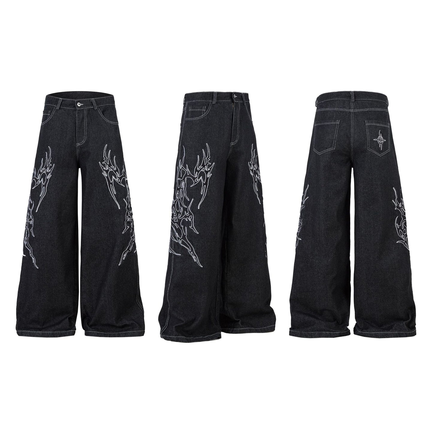 Graphic Embroidery Wide Leg Denim Jeans WN16200