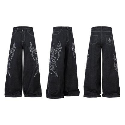 Graphic Embroidery Wide Leg Denim Jeans WN16200