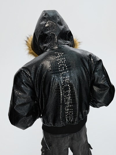 PU Leather Fleece Lining Reversible Leopard Print Hooded Jacket WN22623