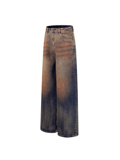 Mud Dye Washed Whisker Wide Leg Denim Jeans WN27904