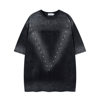 Washed Studded Letter Embroidery Short Sleeve T-Shirt WN26832
