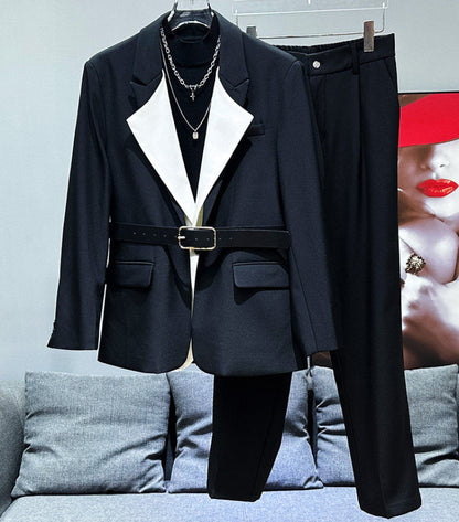 Patchwork Color Block Fake Layered Tailored Jacket & Straight Trousers Setup WN23926
