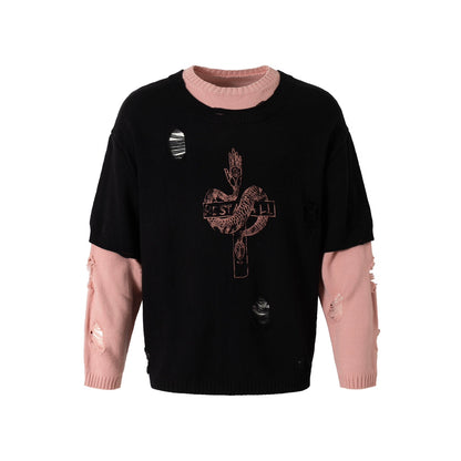 Damage Hole Fake Layered Knit Sweater WN21043