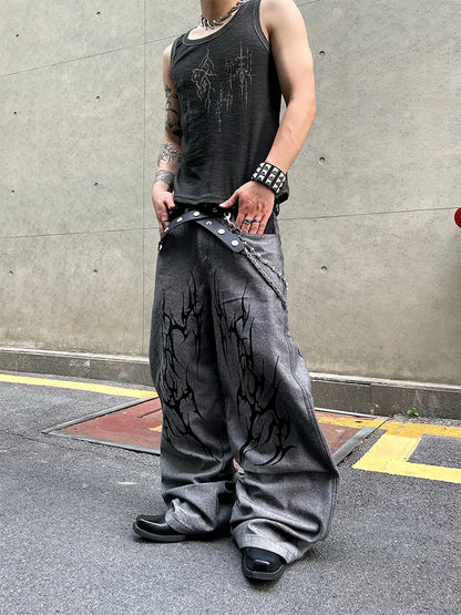 Washed Color Block Thorns Print Wide Leg Denim Jeans WN18847