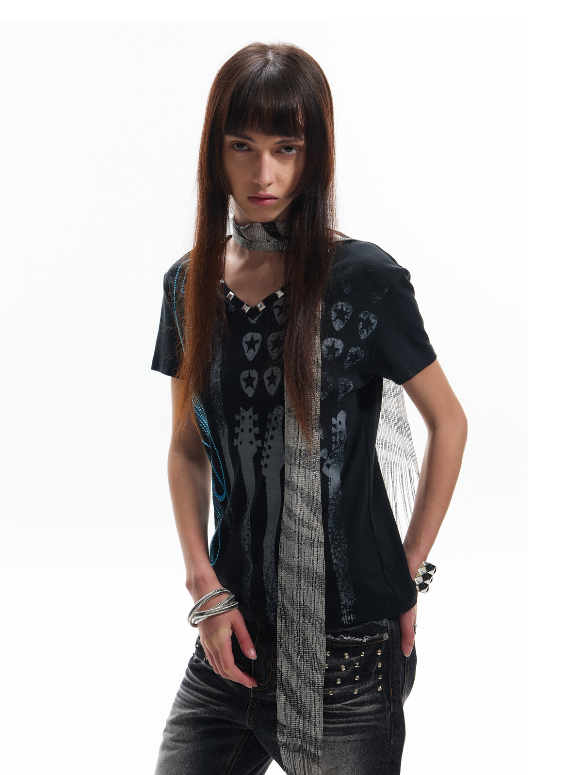 V-Neck Music Studs Graphic Print Short Sleeve T-Shirt WN27237