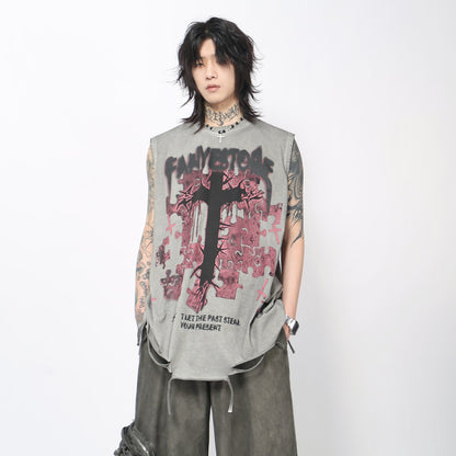 Cross Graphic Print Damage Drawstring Sleeveless T-Shirt WN24490