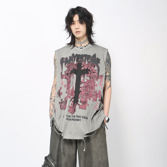 Cross Graphic Print Damage Drawstring Sleeveless T-Shirt WN24490
