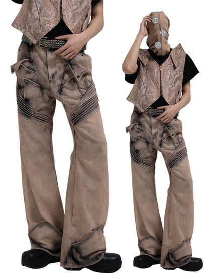 Washed Deconstructed Wide-Leg Straight Denim Jeans WN17051