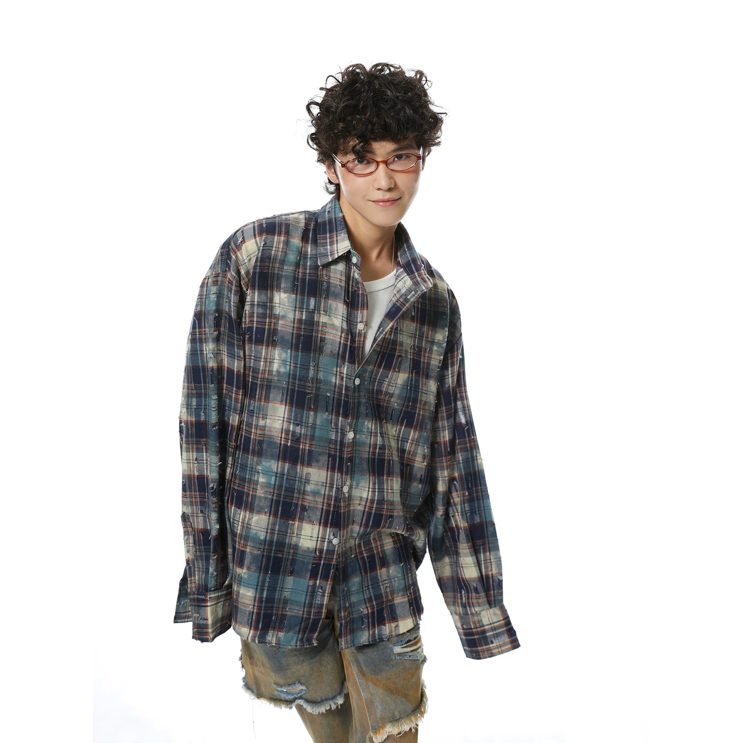 Oversize Damage Plaid Long Sleeve Shirt WN7088