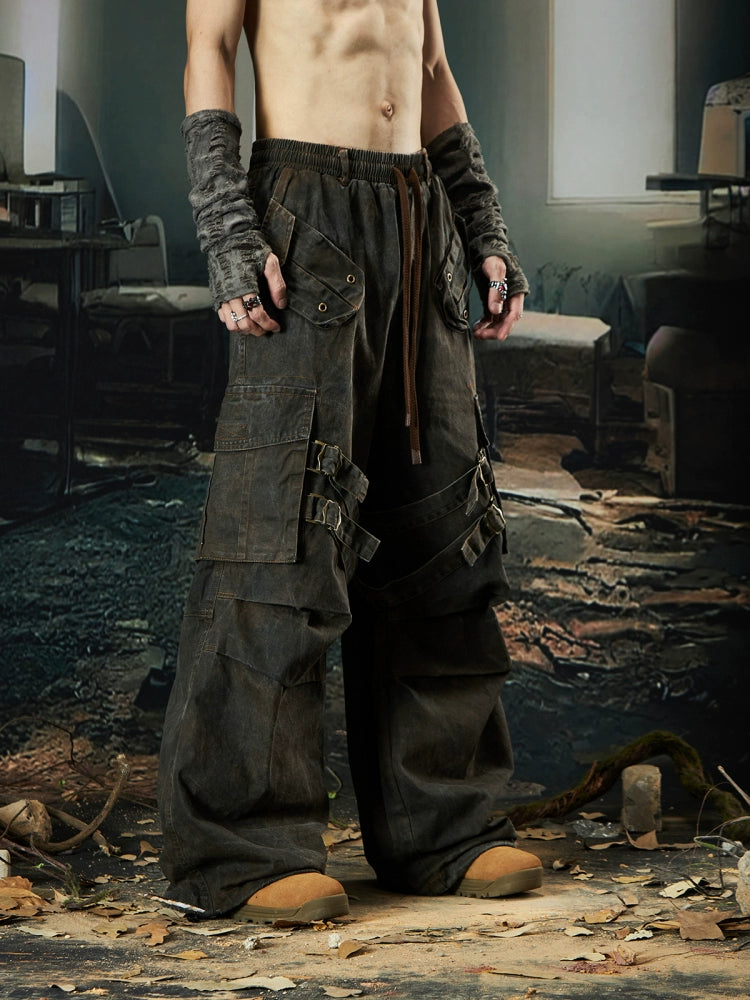 Washed Layered Pleats Multi-Pocket Cargo Pants WN18477