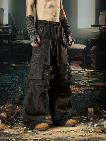 Washed Layered Pleats Multi-Pocket Cargo Pants WN18477