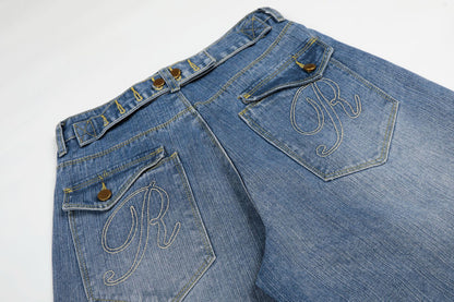 Washed Logo Embroidery Wide Leg Denim Jeans WN25548