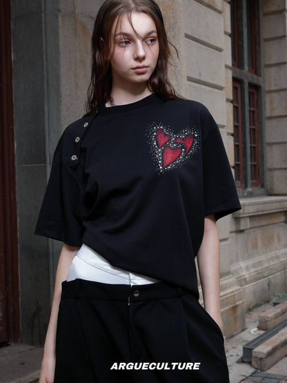 Irregular Neckline Embroidery Rhinestone Short Sleeve T-Shirt WN18374