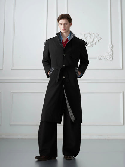 Striped Mix Stitch Standing-Collar Long Trench Coat WN21684