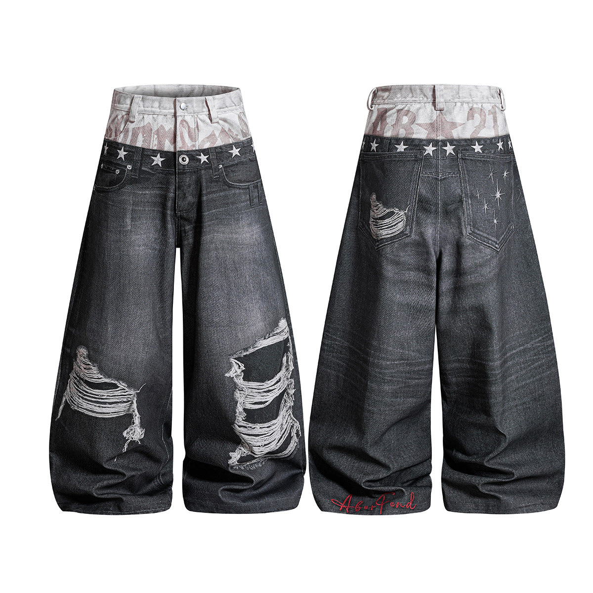 Star Damage Washed Wide Leg Denim Jeans WN25519