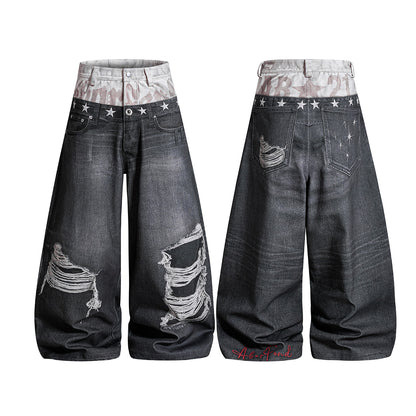 Star Damage Washed Wide Leg Denim Jeans WN25519
