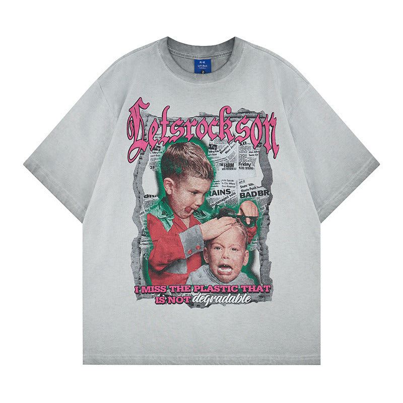 Washed Portrait Letter Print Short Sleeve T-Shirt WN25764