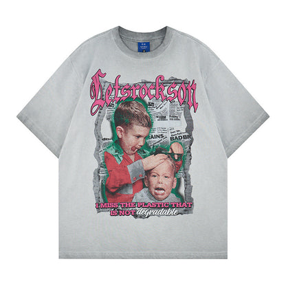 Washed Portrait Letter Print Short Sleeve T-Shirt WN25764