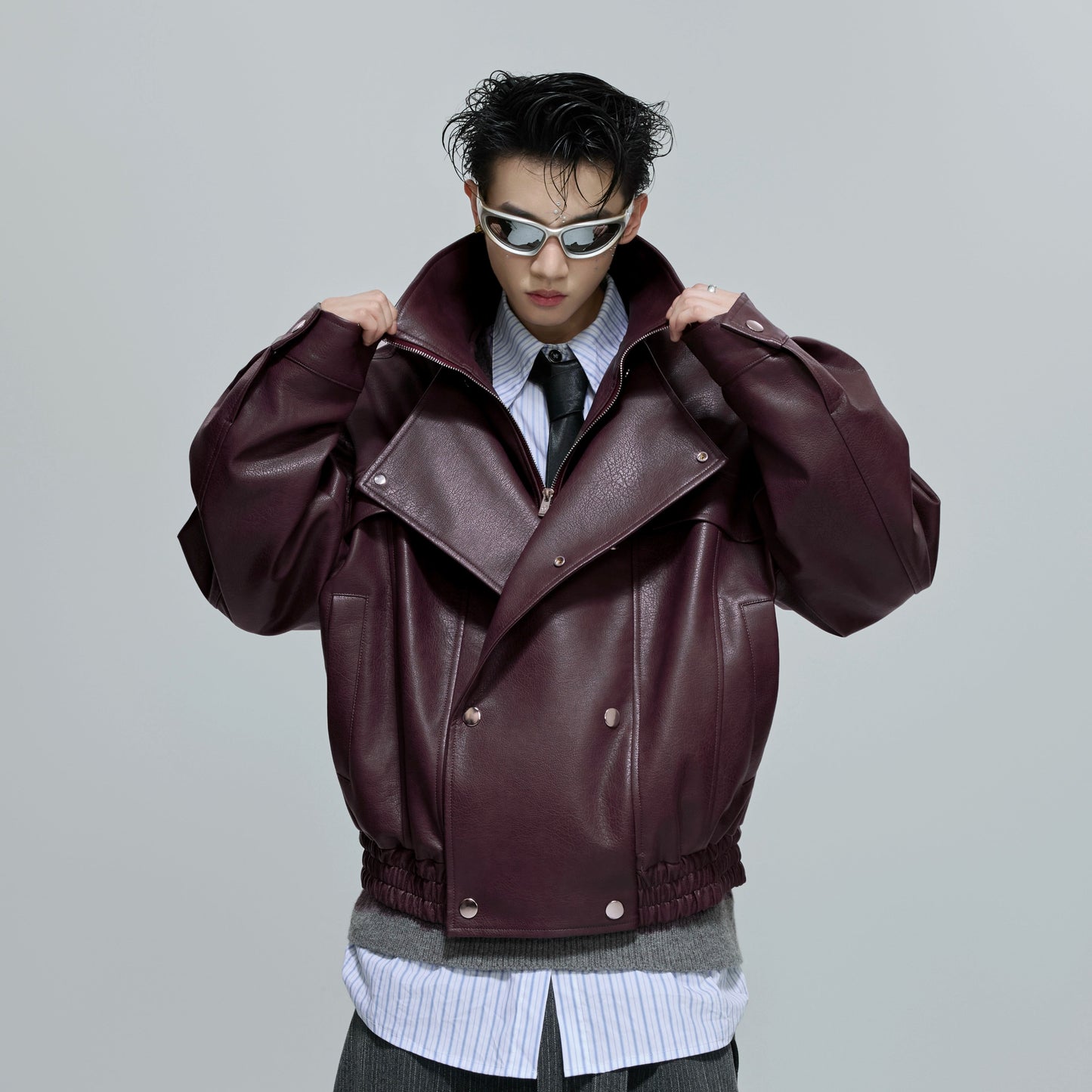 Deconstructed Fake Layered Button PU Leather Short Jacket WN21688