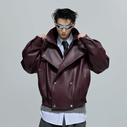 Deconstructed Fake Layered Button PU Leather Short Jacket WN21688