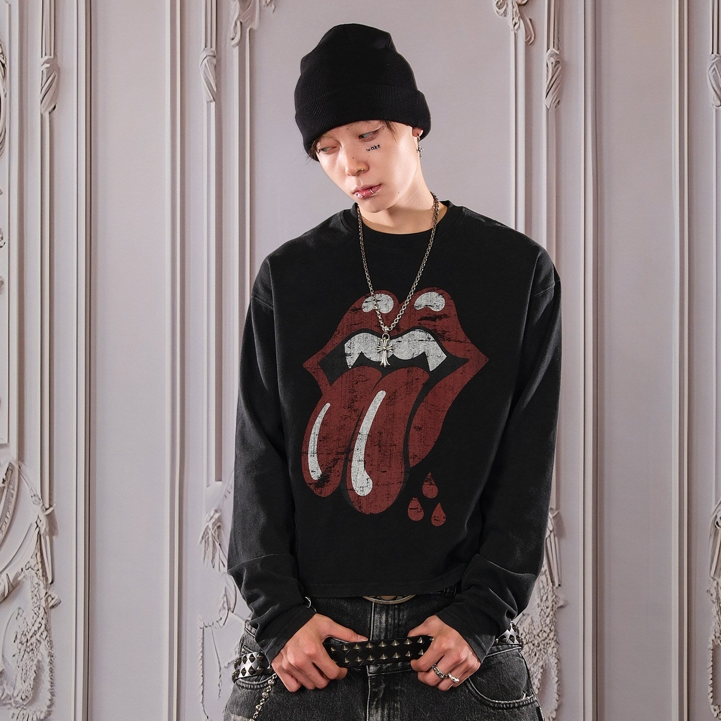 Lip Crack Letter Print Long Sleeve T-Shirt WN26647